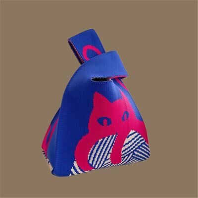 ModernMart Handmade Knitted Mini Tote Bag Casual Wrist Bag For Women Reusable Shoulder Shopper cat Blue