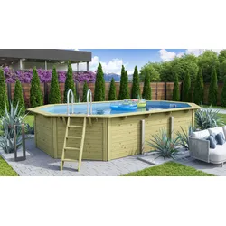 CHILLROI   Achteckiger Massivholzpool länglich, 568,5 x 357,5 x 124 cm, Modell 1 X Folie blau   Inkl. Zubehör und Pool Leitern