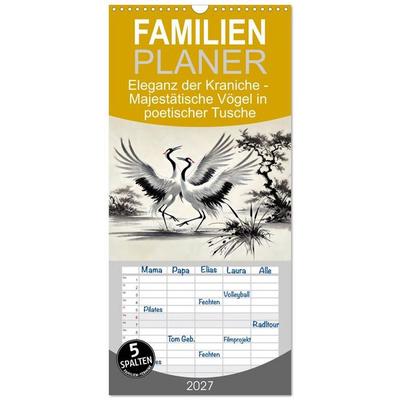 Familienplaner 2027 - Eleganz der Kraniche - Majestätische Vögel in poetischer Tusche mit 5 Spalten (Wandkalender, 21 x 45 cm) CALVENDO