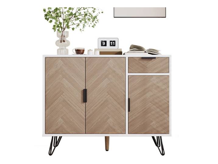 SeedWave Sideboard Klassik Kommode Metallgriffe Schrank mit 3 Schranktüren, 1 Schublade, Mehrer Stauraum, verstellbare Einlegeböden