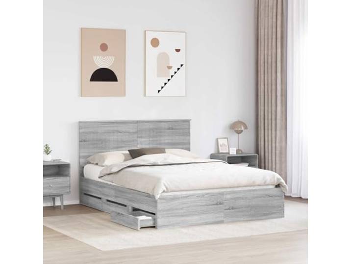 KTHLBRH Sonoma Bettgestell, grau, 150 x 200 cm Technisches Holz, selbsttragend, feste Latten, versteckte Schubladen, einfache Reinigung