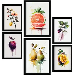 POSTER Set Mit 6 Saftige Früchte Plakate Von Obst, Gemüse Im Aquarell Kunst A3 & A4 Rahmenlos