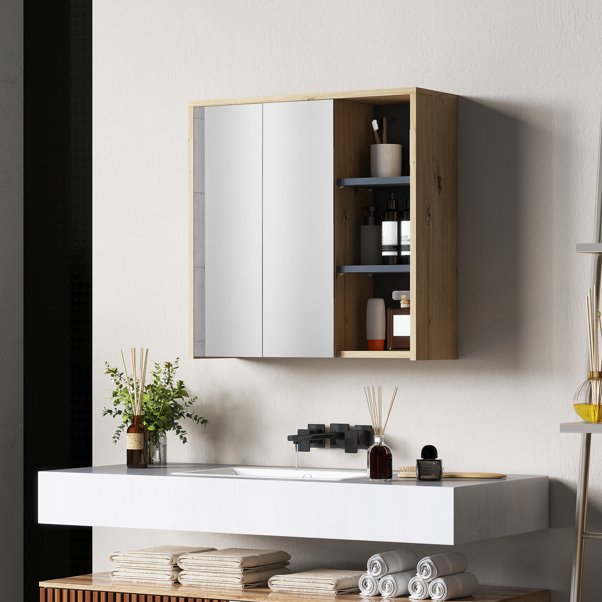 Homcom Specchio Bagno Contenitore con 2 Ante, 60x20x60 cm Mobile Bagno con Specchio, Scomparto Aperto, Naturale   Aosom Italy