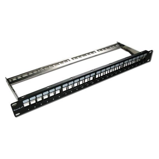 XtendLan Patchfeld 19", 24 Anschlüsse, unbestückt, abgeschirmt, schwarz, Cat5e/6/6A/7, abnehmbare Jumper (PP19-24NS)