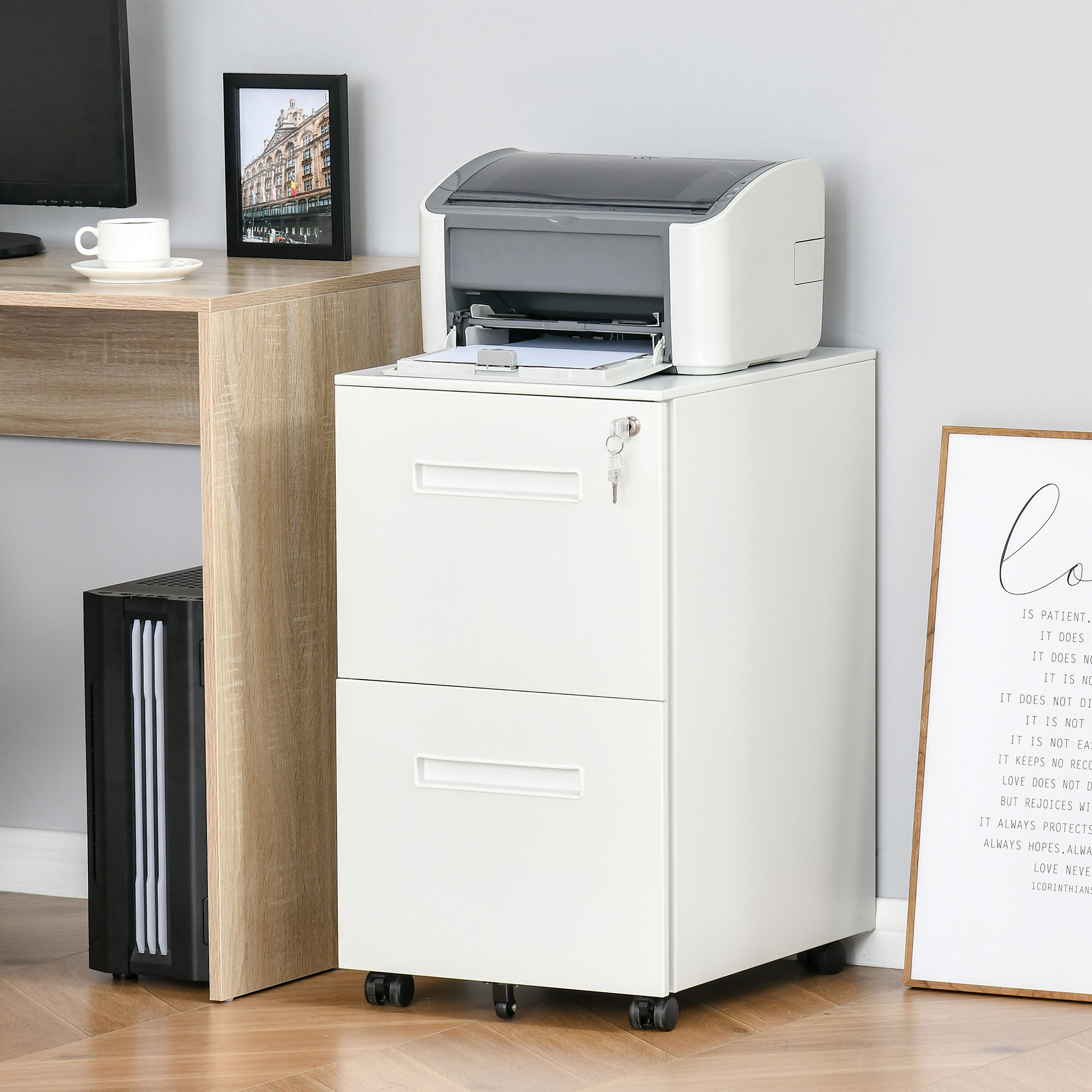 Vinsetto Cassettiera Ufficio con Ruote, Schedario Portadocumenti a 2 Cassetti con Serratura e 2 Chiavi in Acciaio, 39x48x67cm, Bianco Aosom