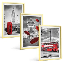 BILDER SET 3er Set - 40x60 cm Goldrahmen - Roter Regenschirmstand und Londoner Bus