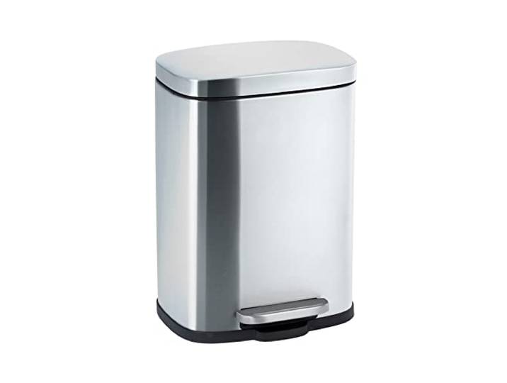 WENKO Kosmetikeimer Leno Easy Close, 5 Liter, puristischer Treteimer aus rostfreiem Edelstahl mit Deckel und Absenkautomatik sowie integriertem Beutelhalter, 21,5 x 19 x 29,5 cm, Silber matt