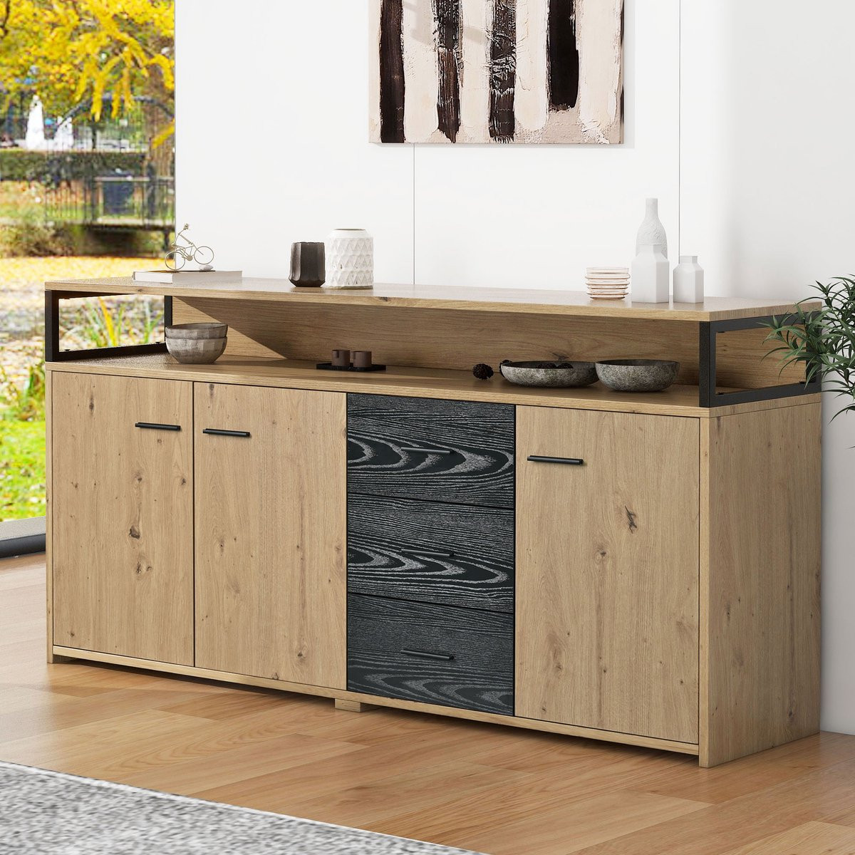 REDOM Industrieel sideboard met 3 deuren en 3 laden, zwart/bruin, B/D/H: 150 x 35 x 75,9 cm