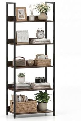 Costway 5-Tier Bookshelf Tall Wooden Open Bookcase with Back Panels-Rustic Brown