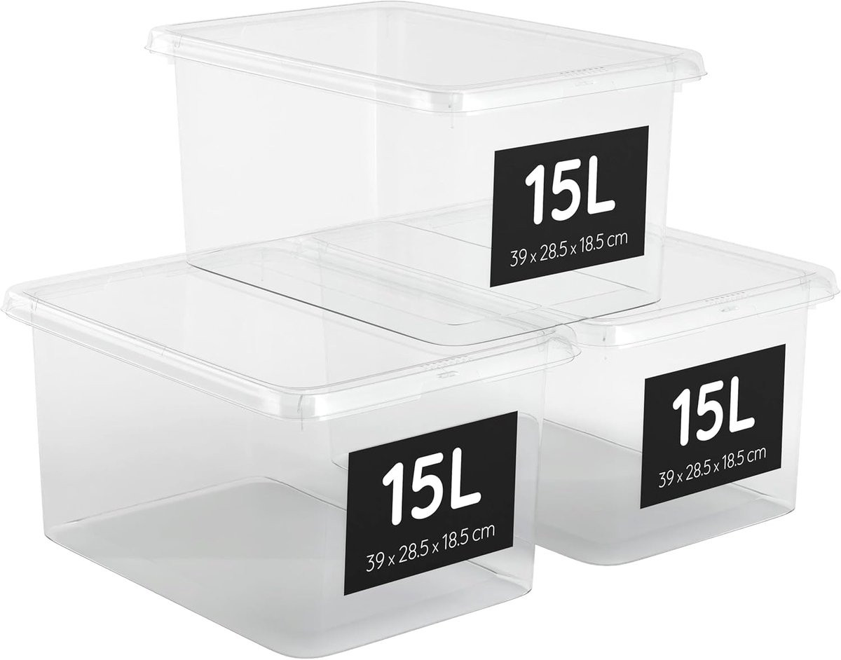 SnelShoppen Stapelbare Transparante Plastic Opbergdozen met Deksel 15L BPA Vrij