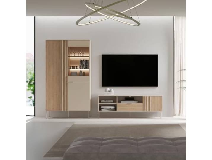 Lomadox Wohnzimmer Set in Eiche mit Beige, inkl. Vitrinenschrank mit Beleuchtung, 2-teilig