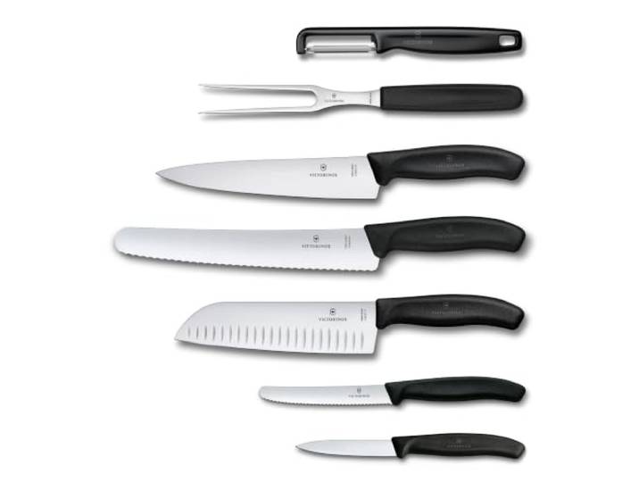 Victorinox Swiss Classic Küchenmesser Set, 7-teilig, mit Santokumesser Hochwertiges Kochmesser Set inklusive Brotmesser, Gemüsemesser, Gabel und Schäler, rostfreier Stahl, Schwarz, Swiss Made
