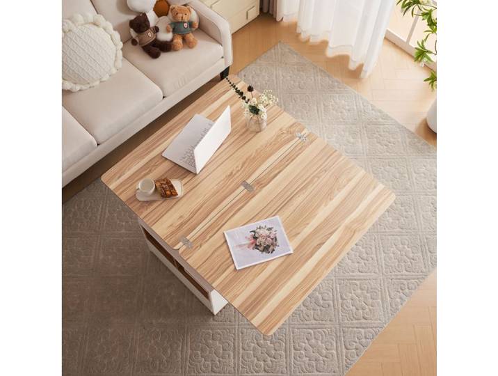 Table Basse Relevable Blanc Aspect Bois Table Basse Multifonction FloraGrace Pour Salon Avec Rangement 100x51x47cm