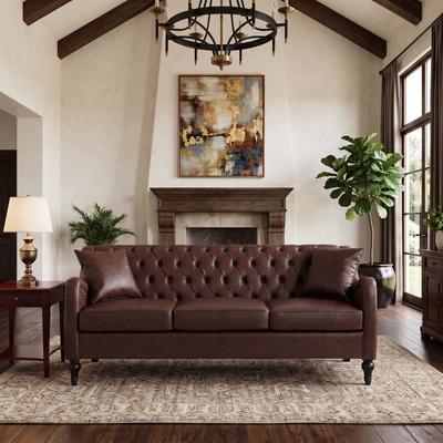 "GDFStudio - 75.2"" 3-Seater PU Leather Tufted Sofa with Solid Wood Frame & Birch Wood Legs"