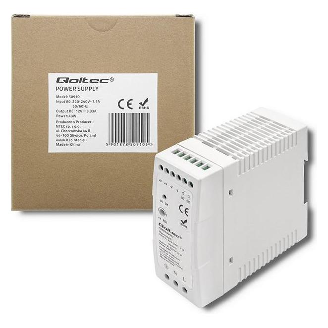 Qoltec DIN-Schienen-Netzteil | 40W | 12V | 3 33 A | Weiss | Schlank (50910)