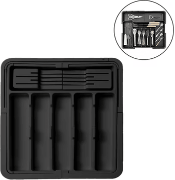 Inspire Curations BPA Free Expandable Bamboo Cutlery Tray Organizer For Kitchen Drawers black
