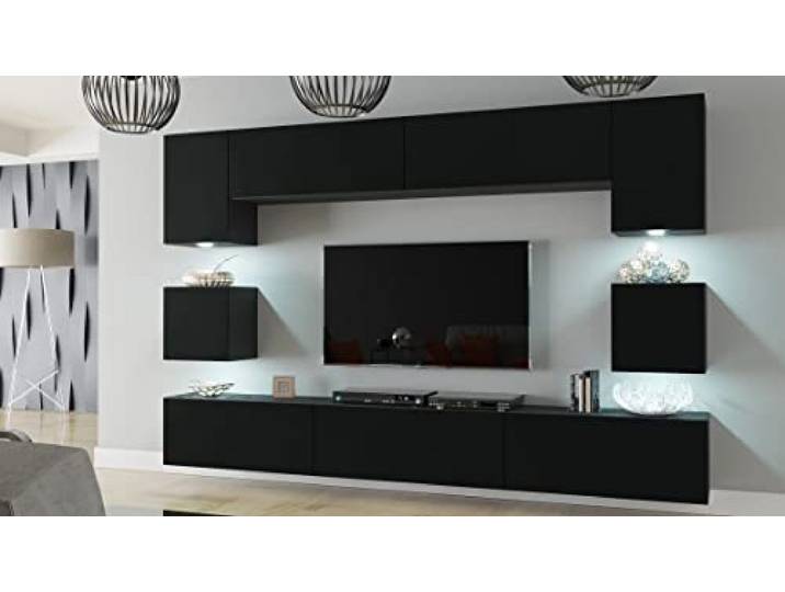 Furnitech Wohnwand Wohnzimmer Wohnzimmer Möbel mit LED Blau Hängend Wohnwand Modern Wohnzimmer Schrankwand mit Regale und TV Schrank (Nowara AN1-17B-M52 1B Matt)