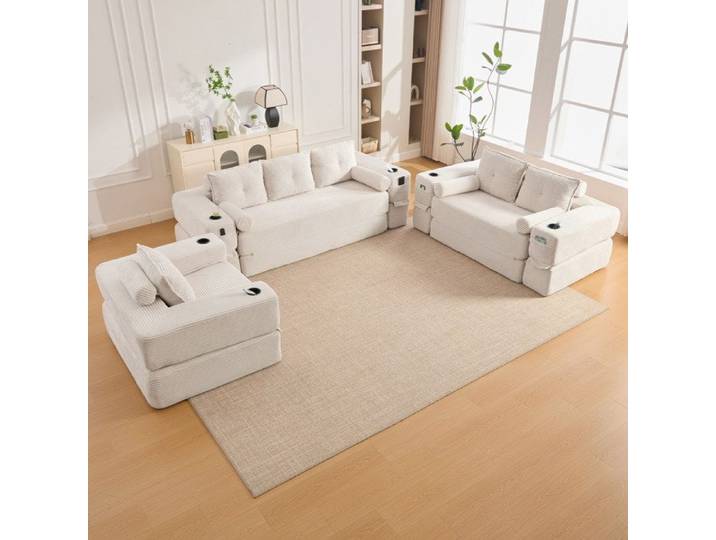 WUVRIE Canape convertible 1 place en velours cotele beige 122 x 198 cm mousse densite 30 et ressorts