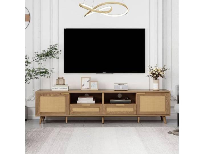 Meuble TV 200x37x49 cm style chêne avec détails en rotin 2 portes 2 tiroirs pieds bois massif réglables