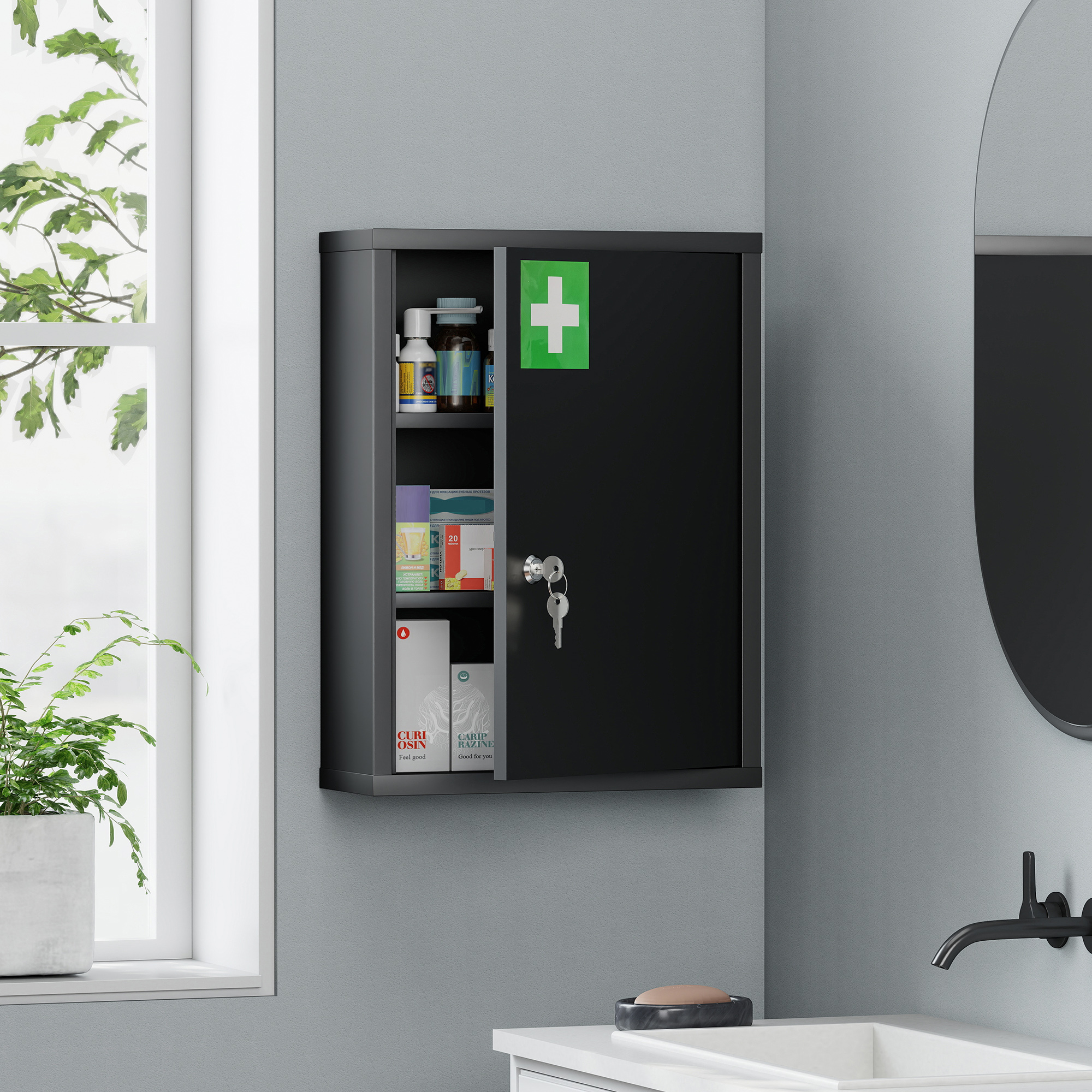 Kleankin Armadietto per medicinali da parete con serratura, armadio a muro in acciaio a 3 ripiani, 40 x 15 x 53,5 cm, nero   Aosom Italy