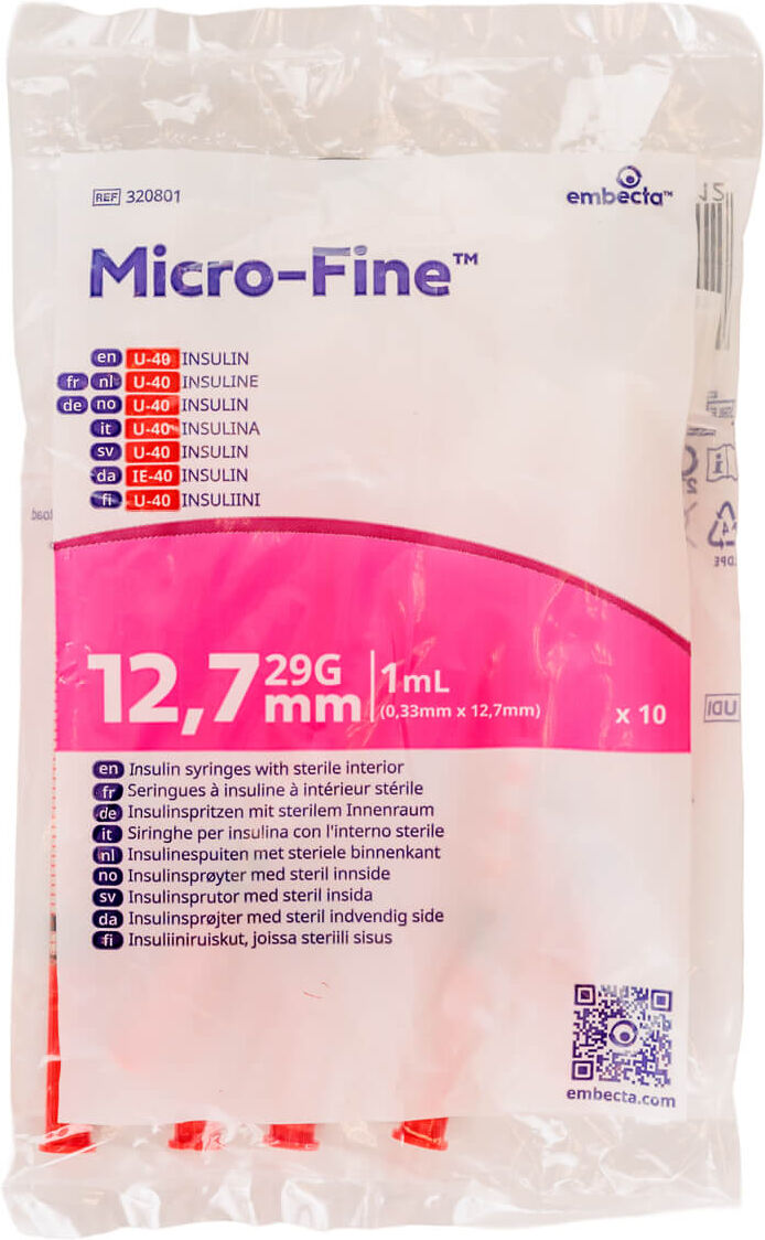embecta Micro-Fine Insulin Syringes U-40 1ML 12.7MM 29G (100 pieces)