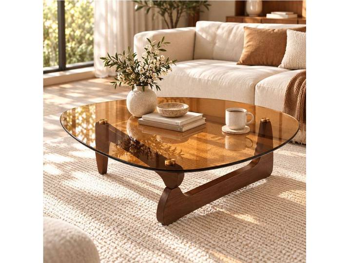 Table basse triangulaire - UNHO - UNHO - Verre trempé ambré 8 mm - Pieds hévéa massif finition noyer - 110 5x76 5x42 cm