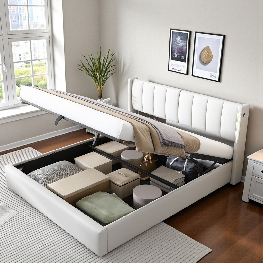 Brayden Studio Donan Upholstered Ottoman Storage Bed With USB Port And LED Lighting, Adjustable Headboard White Kingsize (5')