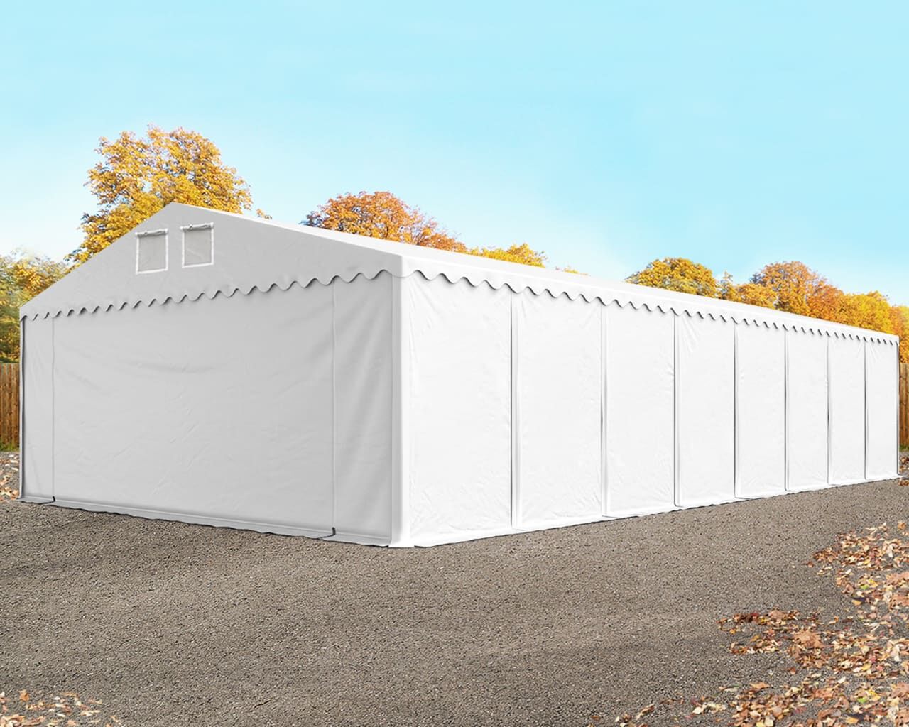 TOOLPORT 8x36m 2.6m Sides Storage Tent / Shelter w. ground frame, PVC 800, white with statics package (concrete anchors) - (49303)