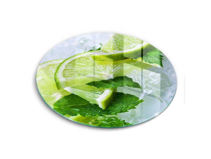 Wallfluent Glasplatte Ø 40 cm Limette Minze und Eis, Olivgrün, Glas, Rund, 40x40 cm, Küchenzubehör, Schneidebretter