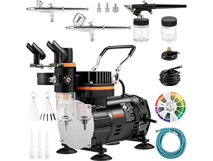 VEVOR Compresseur Aérographe Professionnel Kit Aérographe Complet Double Action Pistolet Aérographe 0\,2/0\,3/0\,8mm Pression Débit Élevés Coffret Décoration Pâtisserie Tatouage Ongle Maquillage Peinture