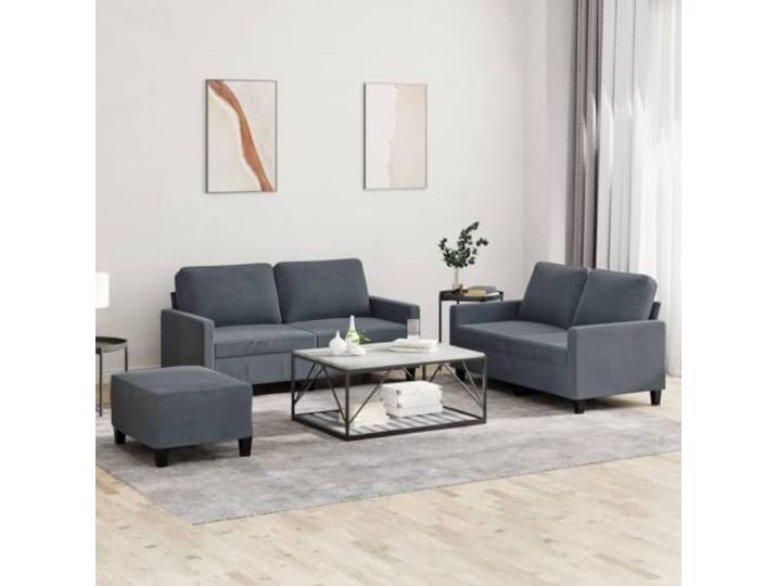 HEFZGDB 3-TLG. Sofagarnitur mit Kissen Dunkelgrau Samt – Weiches Velours Sofa Set mit robustem Metallgestell für Wohnzimmer, vielseitig nutzbarer Hocker, hoher Komfort