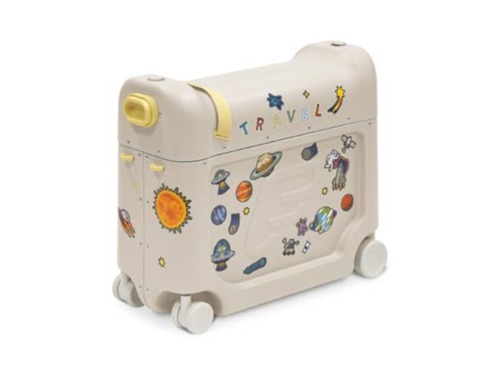 Stokke JetKids BedBox™ Ride-on Kinderkoffer, Moonglow White Kinderkoffer zum Draufsitzen, Handgepäck, inkl. Funktion den Sitz zur Liegefläche zu machen