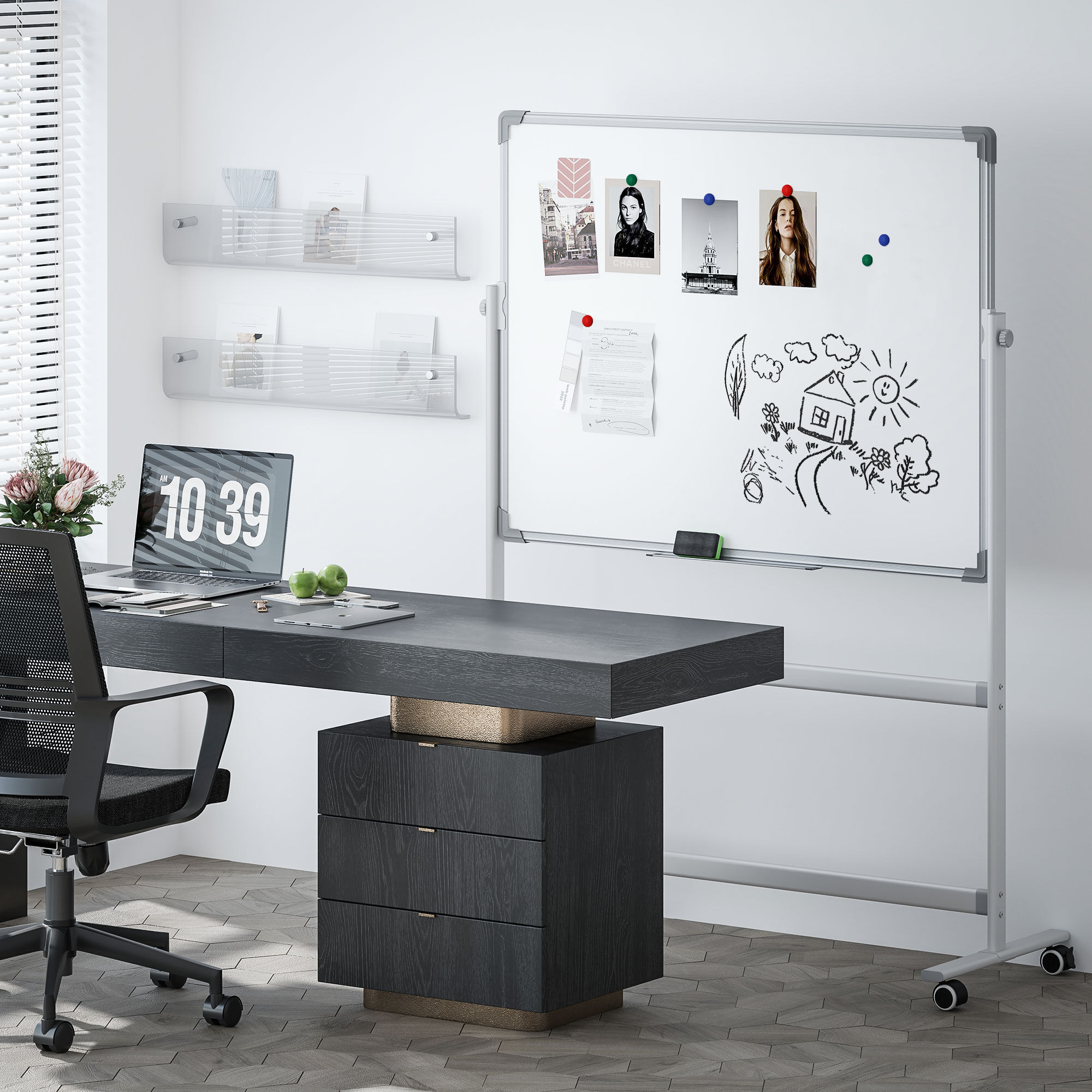 Altro Lavagna Magnetica Bianca A 2 Facce Con Accessori E 4 Ruote, In Alluminio E Acciaio, 127x50x165 cm