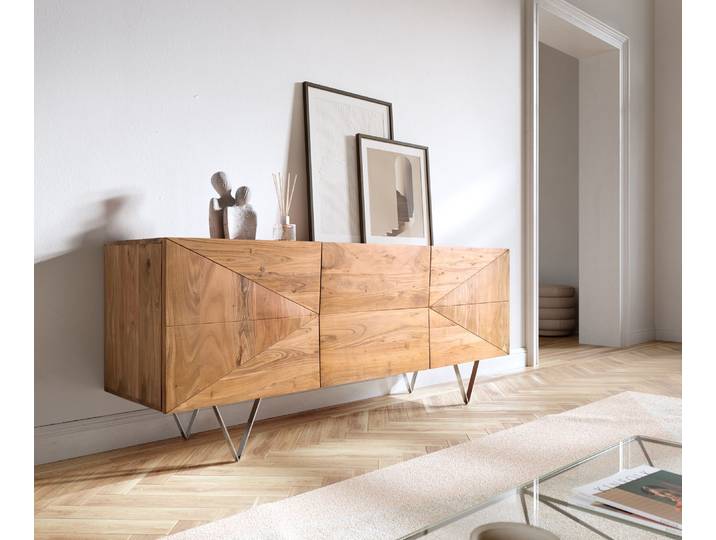 Design buffet Wyatt 175 cm 3D optique centrale acacia naturel acier inoxydable