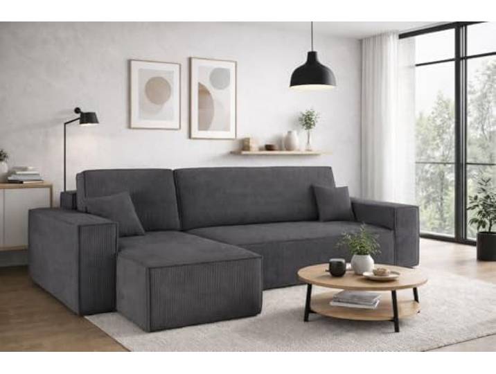 Kaiser Möbel, Ecksofa mit schlaffunktion, mit Bettkasten, Schlafsofa Best, Designer Sofa, Modern Design Couch, Polsterecke, Freistehend, Dicker Cord, Dunkelgrau Links