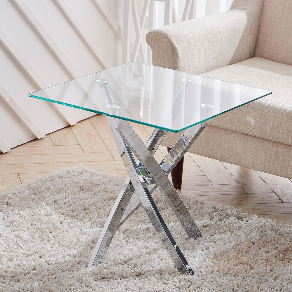 Ivy Bronx Shapiro Glass Top Cross Legs Square Side Table Transparent 55cm H X 55cm W X 55cm D