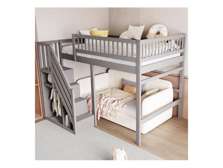 LuxusKollektion Stauraumbett Kinder Hochbett 140x200 Grau mit Stauraum & Regalen