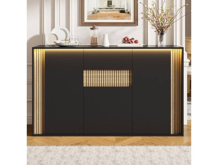 Buffet 3 portes 1 tiroir éclairage LED réglable noir veinage bois 140×40×82cm meuble rangement salon