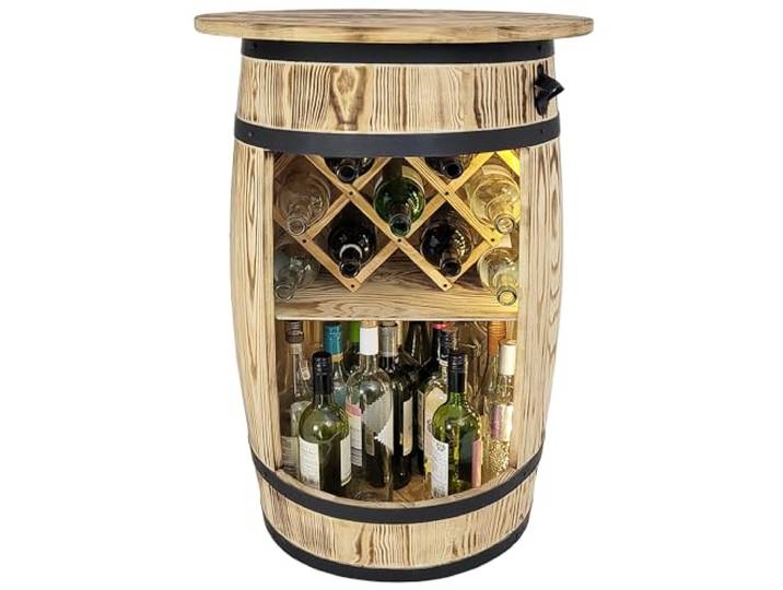weeco Holzfass mit top blat und Weinhalter und LED Leuchten - Bar Tisch - Bar Schrank - Weinschrank im Retro Stil - Hausbar Tabelle - Holzfass mit Deckel 80x50cm