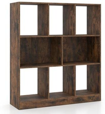 Costway 8-Cube Bookcase 3-Tier with 2-Sized Compartments and Anti-Tip Kits for Living Room-Rustic Brown