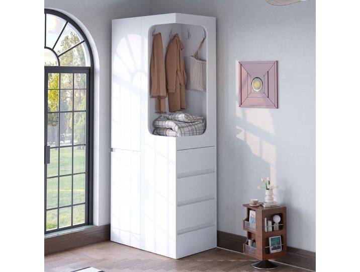 Armoire Blanche 70x40x170 cm avec Penderie Ouverte Tiroirs et Compartiments de Rangement - Porte Simple - Rangement Pratique