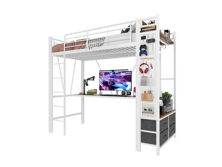 SOFTWEARY Hochbett mit LED-Beleuchtung (90x200 cm, mit Schreibtisch, Schubladen, Regal, Kleiderstange, Mehrfachsteckdose) Metallbett mit Rausfallschutz, Jugendbett