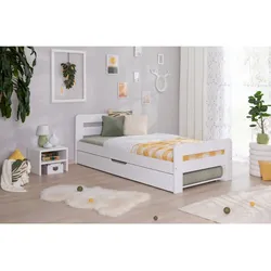 TiCAA Einzelbett Doppelbett Bert Kiefer Weiß aus Massivholz