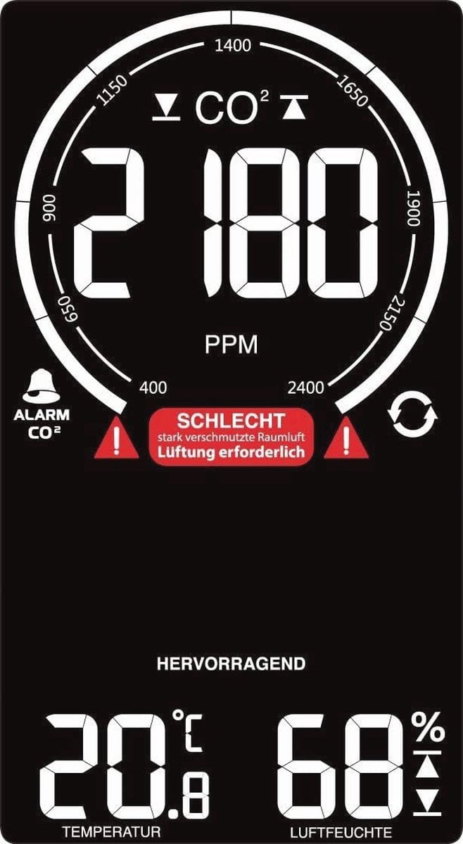 CO2 meetinstrument met luchthouder en luchtkwaliteitsmonitor tot 5000 ppm - Zwart