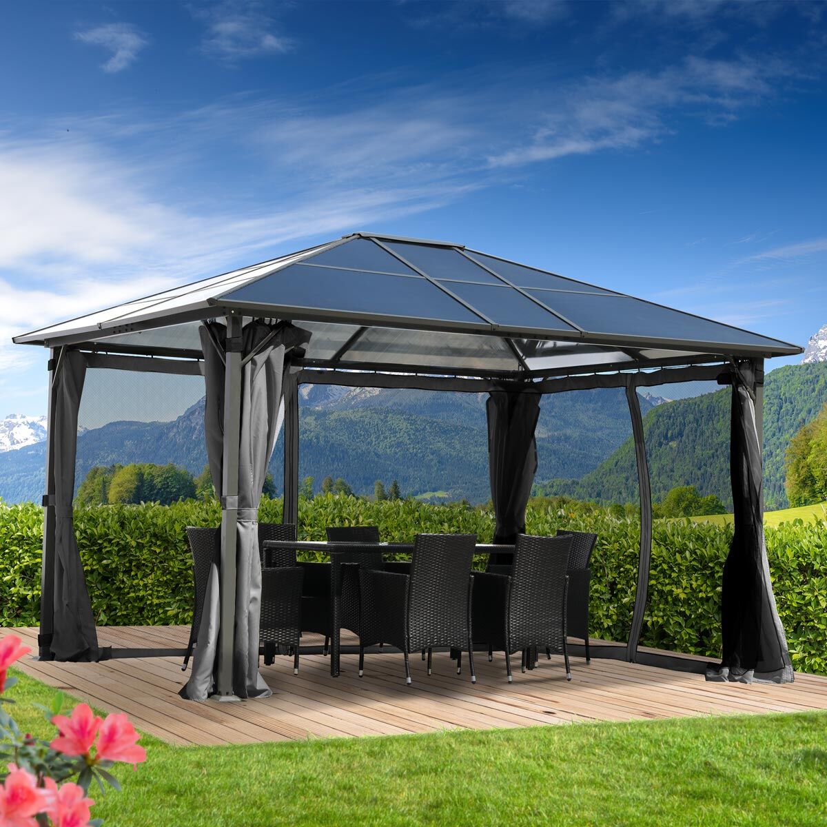 Brast Alu Pavillon PREMIUM mit festem Dach 3x4m grau