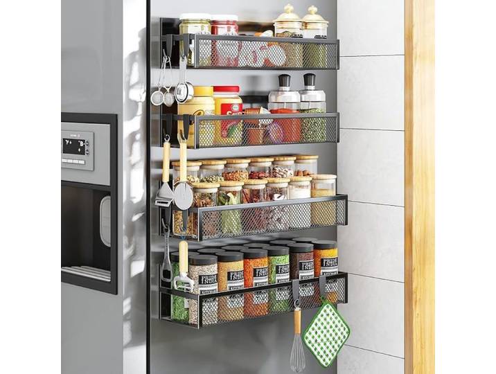 Porte-épices magnétique pour réfrigérateur - Lot de 4 étagères magnétiques organisateur frigo avec 8 crochets 4 PA MEUBLE A EPICES
