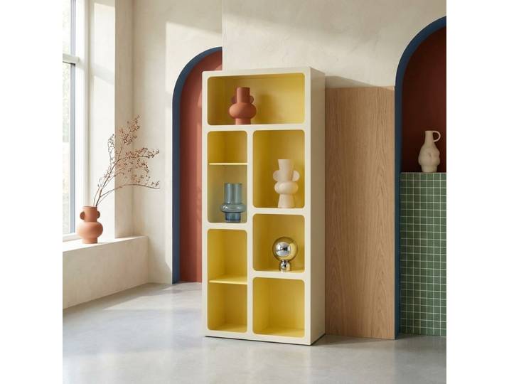 Etagère bibliothèque organique décor bois 8 compartiments jaune -