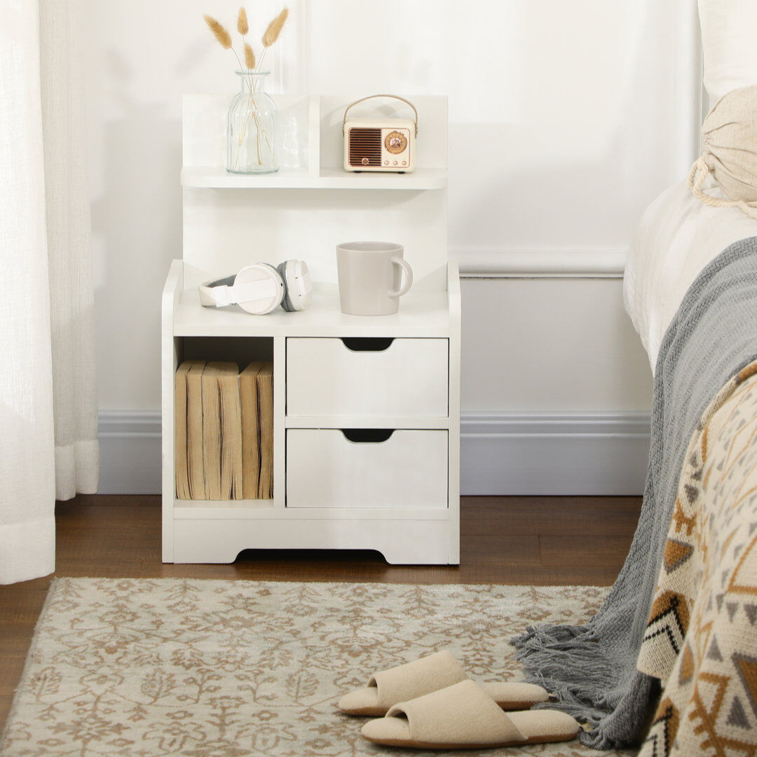 Ebern Designs Demonia Modern Bedside Table w/2 Drawer and Storage Shelves Chest for Bedroom White 60cm H X 40cm W X 30cm D