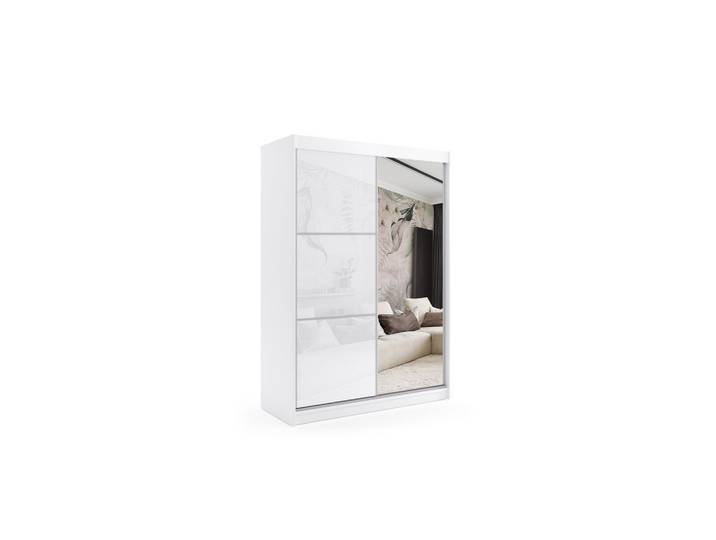 KLEIDERSCHRANK mit Spiegel-Schiebetüren und Aluminium-Leisten, LED-Beleuchtung - VIVONA - 160 cm Weiß