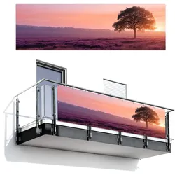 BALKON-SICHTSCHUTZ Baum - Heidekraut - Sonnenaufgang Windschutz 300x90 cm